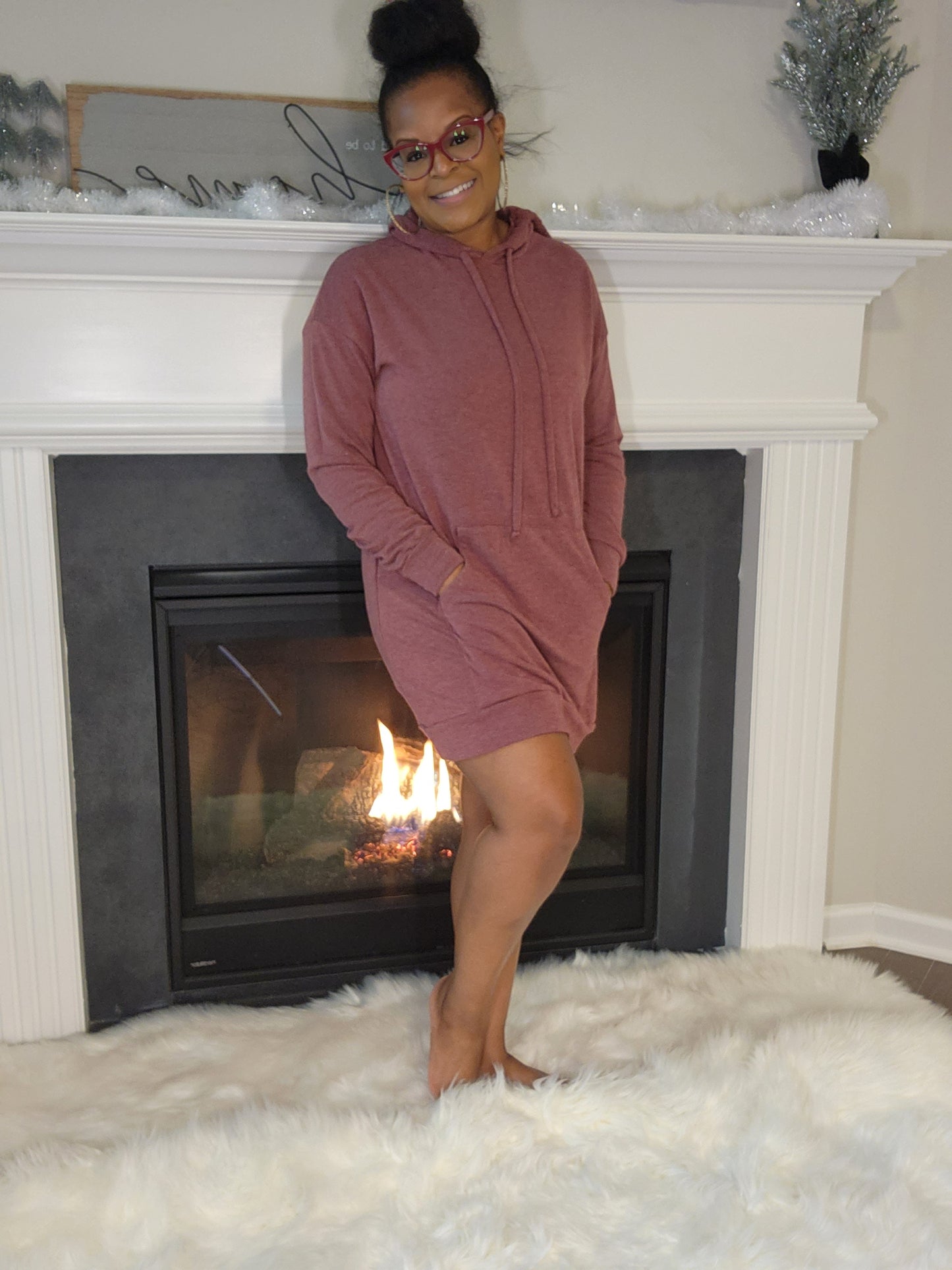 Burgundy | Hoodied | Hooded Sweatshirt Dress